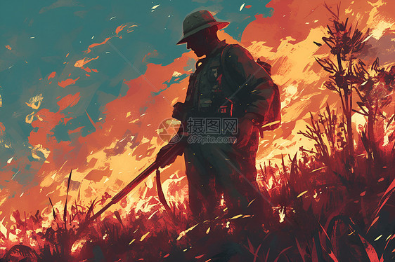 草地火焰里的士兵图片