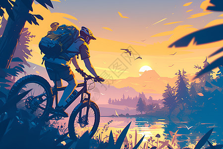 湖畔落日骑行的人图片