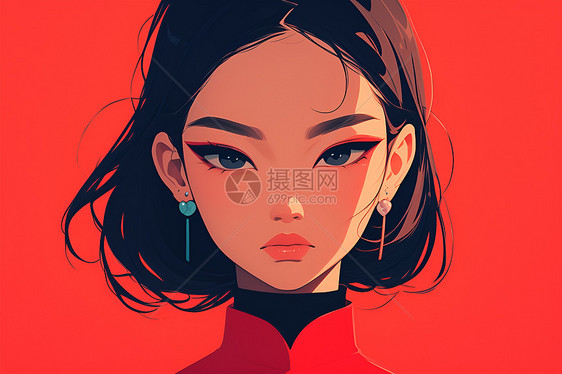 红色背景中的亚洲女孩插画图片