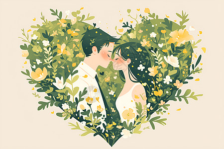 心形草丛里拥吻的情侣图片