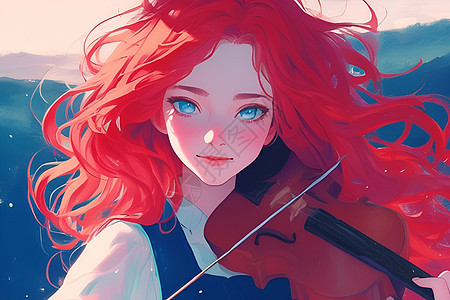 红发少女弹琴小提琴图片