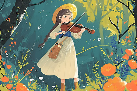 女孩在森林里拉小提琴图片