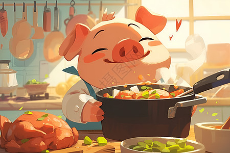 小猪厨师在厨房忙碌图片