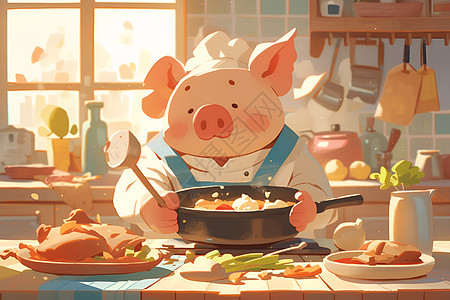 厨房忙碌的小猪厨师图片