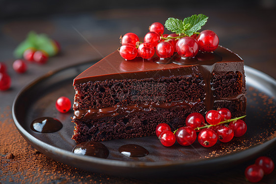 美味的巧克力蛋糕上点缀着红色浆果图片