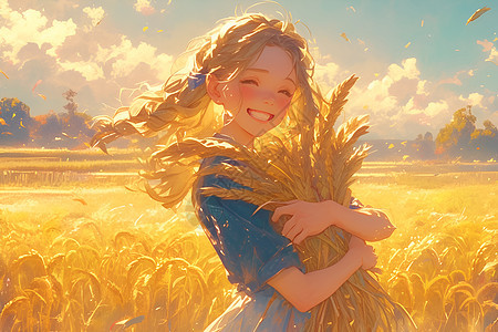 小女孩在金黄的田野中图片