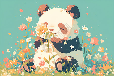 萌萌的熊猫举着花坐在青草地上图片