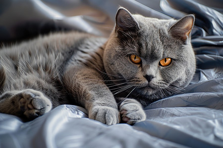 蓝床上的黄眼猫图片