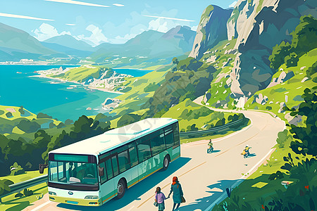 公路上的巴士和美丽的风景图片