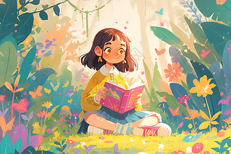 小女孩坐在茂密的森林里看书图片