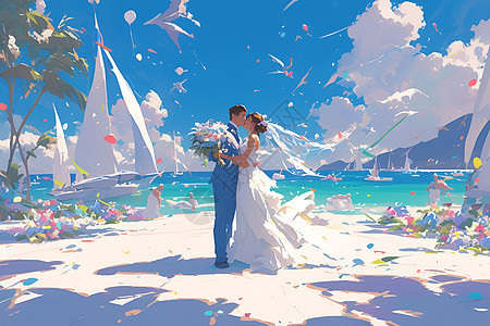 海滩上的新婚夫妻图片
