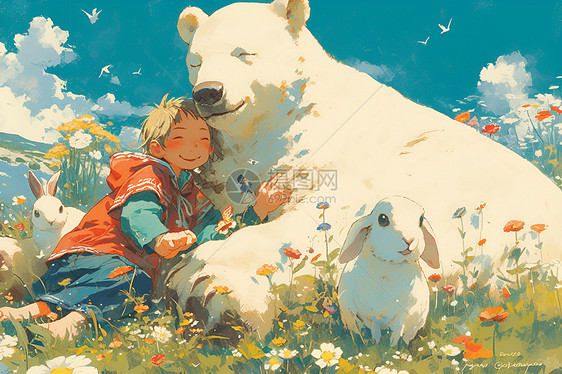 蓝天下的白熊和女孩图片