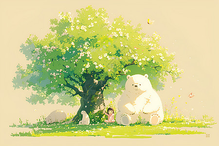 树下的女孩和白熊图片
