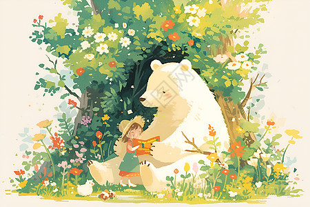 花丛里的白熊和女孩图片