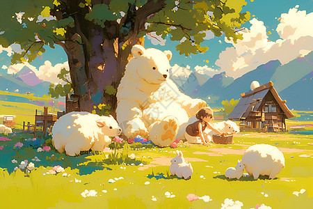 女孩和白熊坐在草地上图片