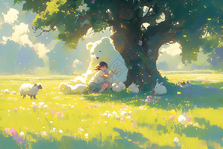 白熊和女孩坐在树下图片