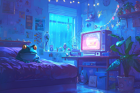 卧室床上看电视的青蛙图片