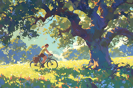 树下骑自行车的女孩图片