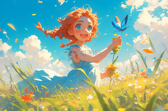 女孩在草地上追逐蝴蝶图片