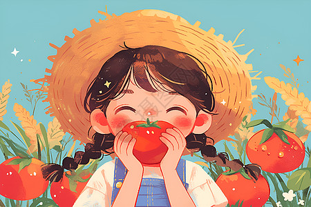 少女吃着番茄图片