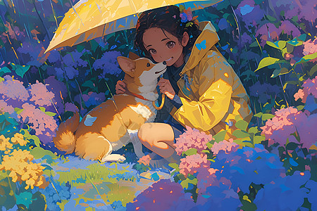 雨中花园的少女与狗图片