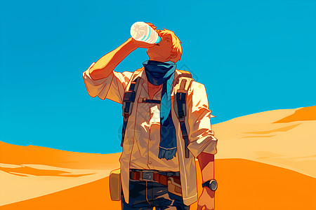 沙漠中解渴的男子图片
