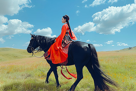 草原上的中国姑娘骑马图片