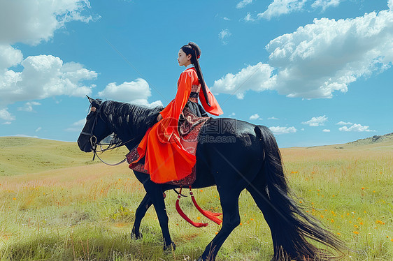 草原上的中国姑娘骑马图片
