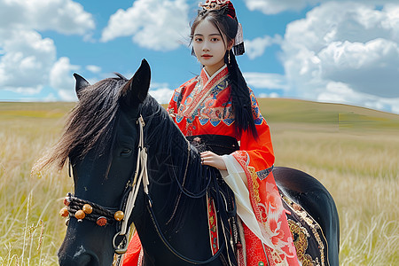 草原上中国姑娘骑马图片