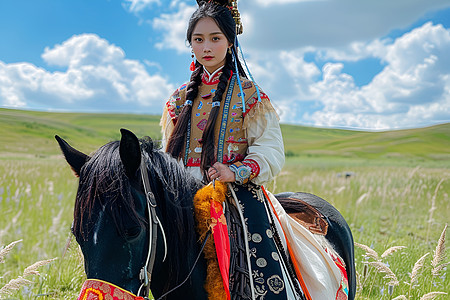 草原上的蒙古传统服饰少女图片