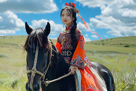 优雅的中国女孩骑着马图片