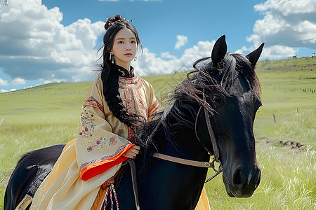 草地上的蒙古美少女和黑马图片