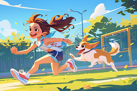 快乐奔跑女孩与小狗图片