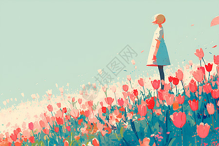粉色郁金香花丛中的女孩图片