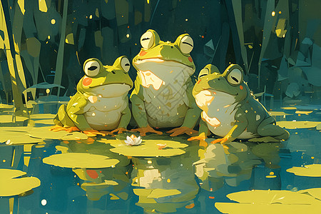 池塘中的青蛙插画图片