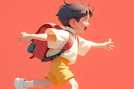 男孩背着书包奔跑图片