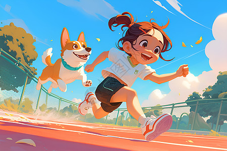 欢乐奔跑的女孩与小狗图片