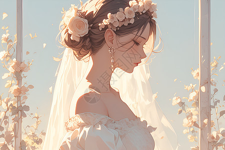 白色长袍和精致花环的新娘图片