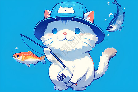 猫咪钓鱼的插画图片