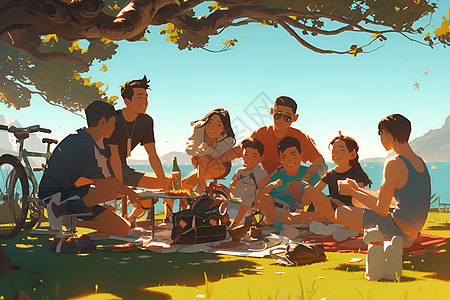 草地上野餐的家庭图片