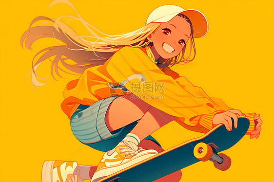少女在滑板上自信微笑图片