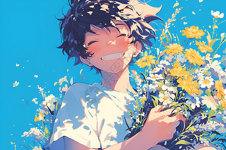 阳光少年抱着花束图片