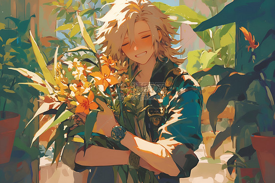 阳光花园里的一位男孩图片