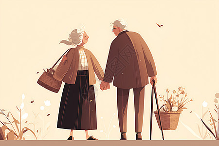 花海里漫步的老年夫妻图片