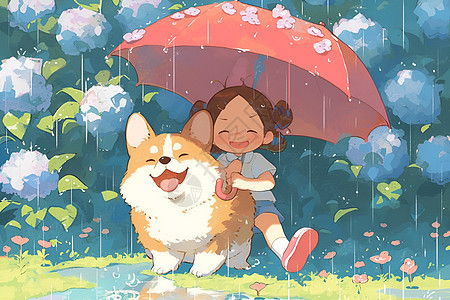 雨中少女和小狗图片