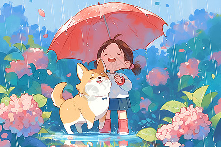 雨中的少女和狗狗图片