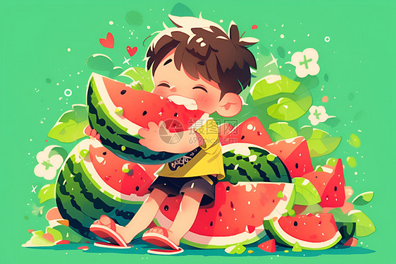 夏日中的少年吃西瓜图片