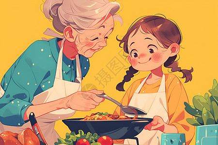 厨房的外婆和女孩图片