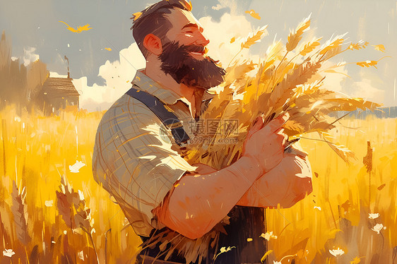 农民抱着麦子图片