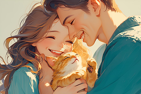 阳光下抱着猫咪的情侣图片